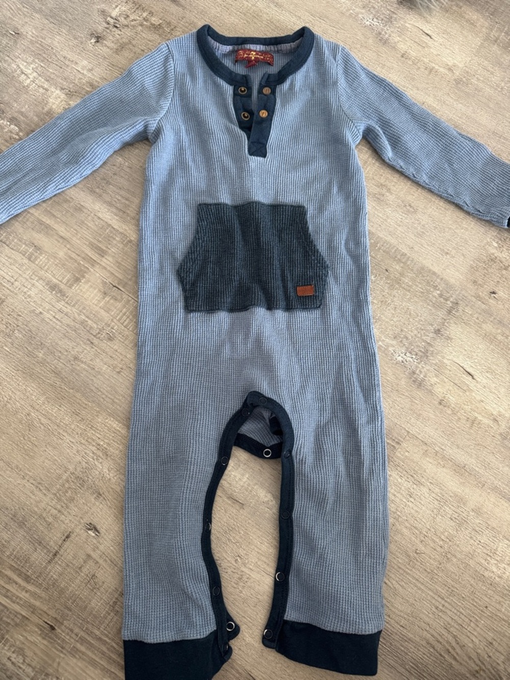 7 for all man kind 18m Blue Long-Sleeve One-Piece Romper with Contrast Pocket